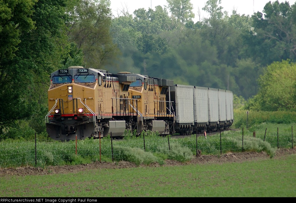 UP 7236, 7310 haul a northbound Omaha Public Power coal train on UP's Falls City sub